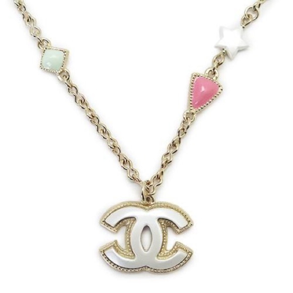 CHANEL Necklace 19p AB1049 Y47607 Z9052 Gold with pink and green shapes white CC